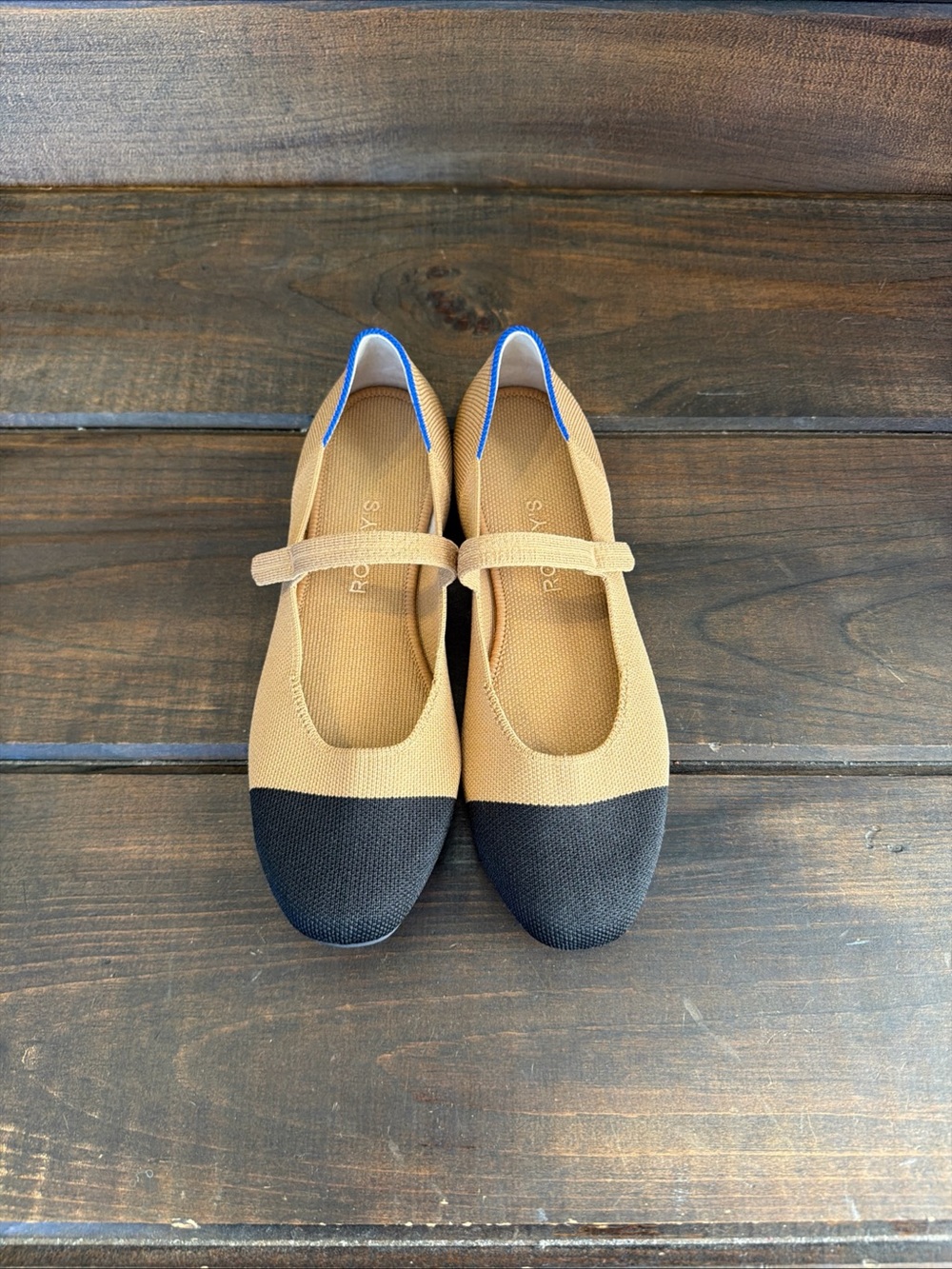 Rothy’s The Square Mary Jane Tan & Black Cap Toe Shoes Flats Women Size 8.5